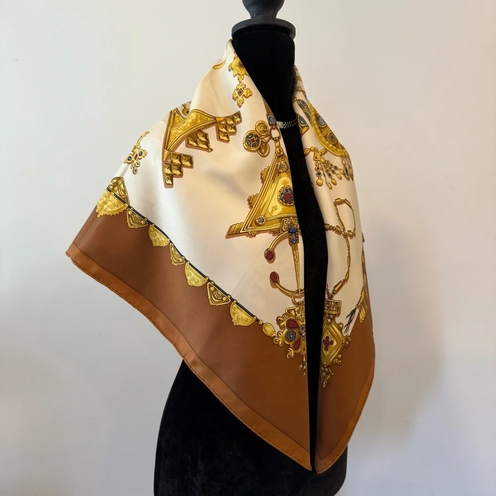Hermès Paris Brown and Gold Silk Scarf